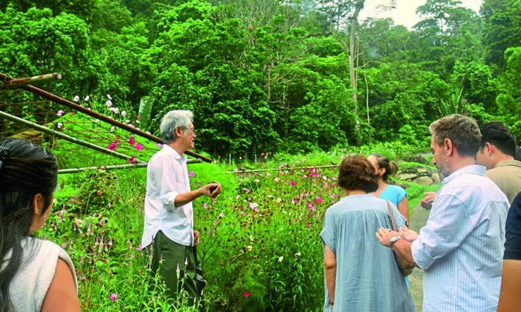 A small group follows their host through the lush gardens at A Little Farm on the Hill