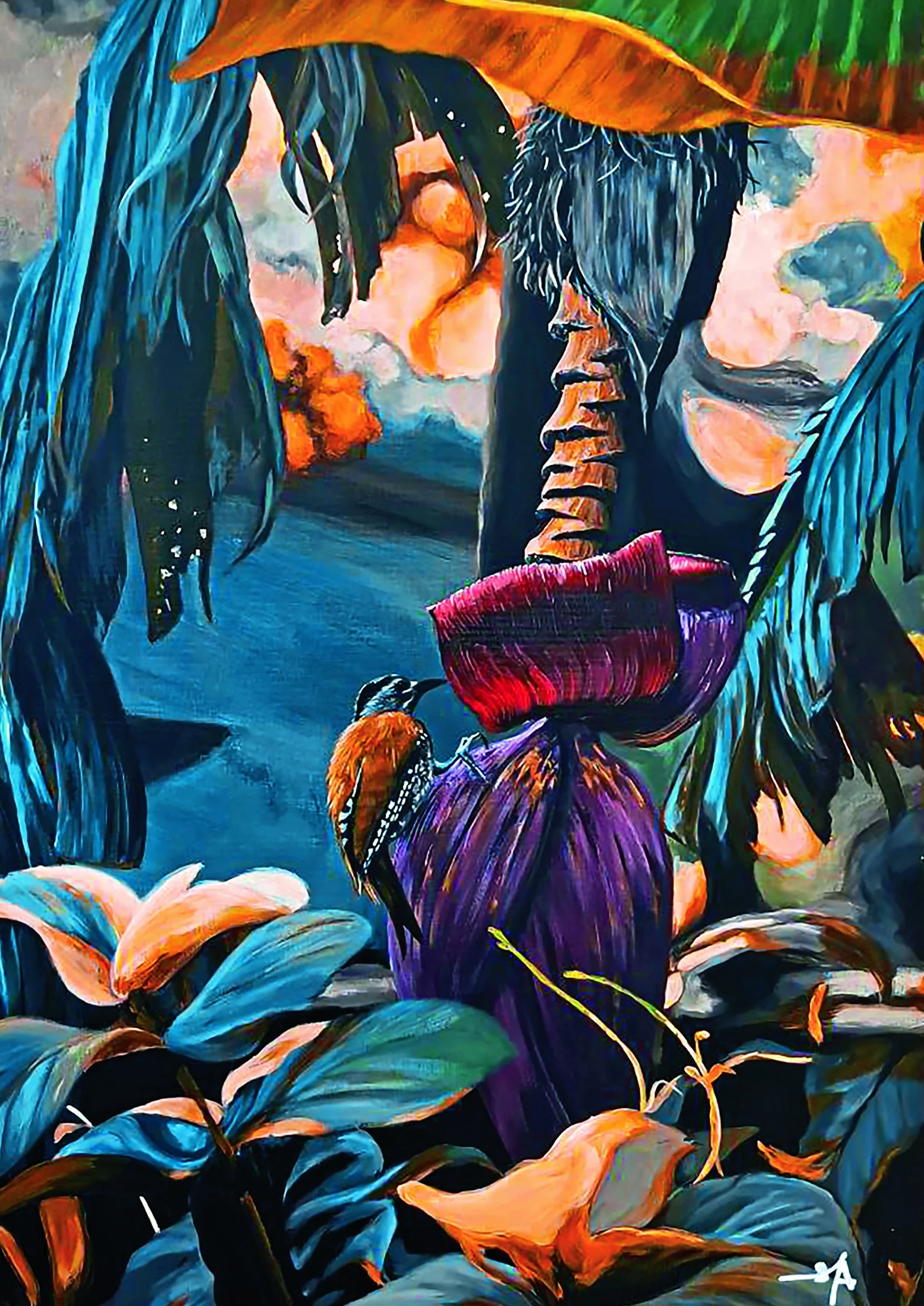 A colourful painting by Noor Asyikin Abd Aziz showing tropical birds and foliage
