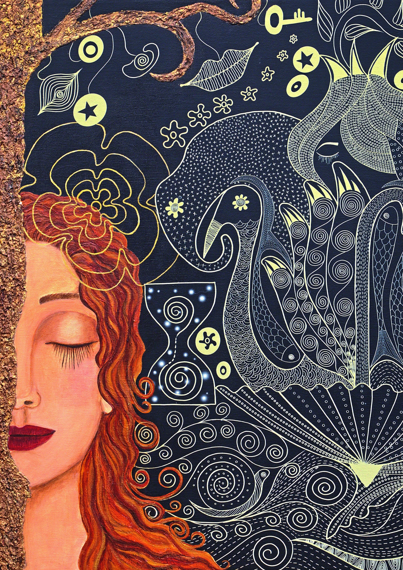 An intricately layered work by Tulika Prakash combining a female face, textiles and celestial motifs