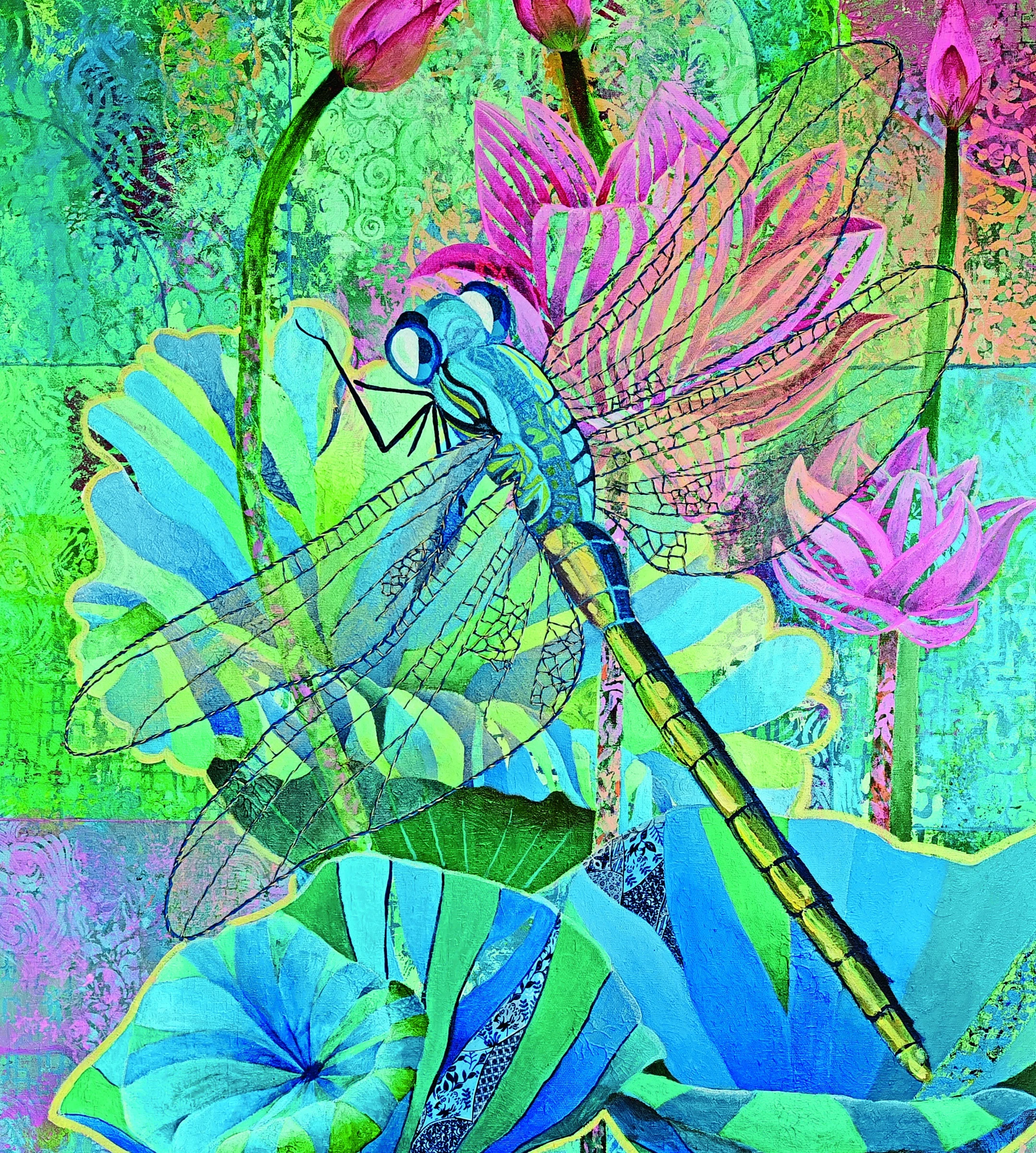 Intricate detail and vivid colour bring a dragonfly into Ken Ming’s imagined world.