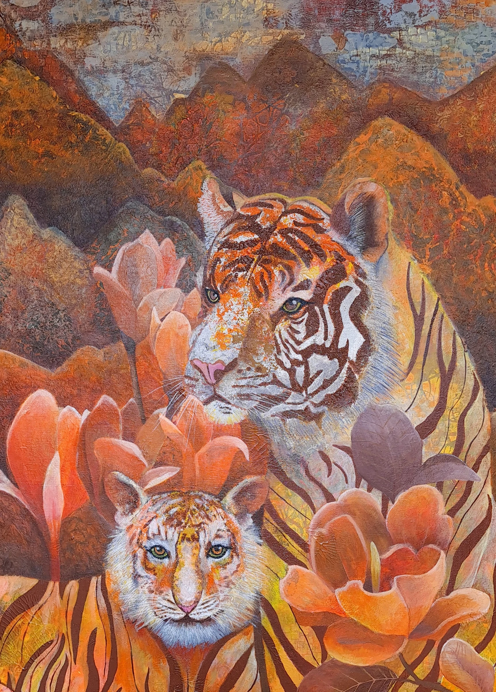Guardian Tigers, a painting by Tan Ken Ming, with tigers looking out through richly coloured flowers